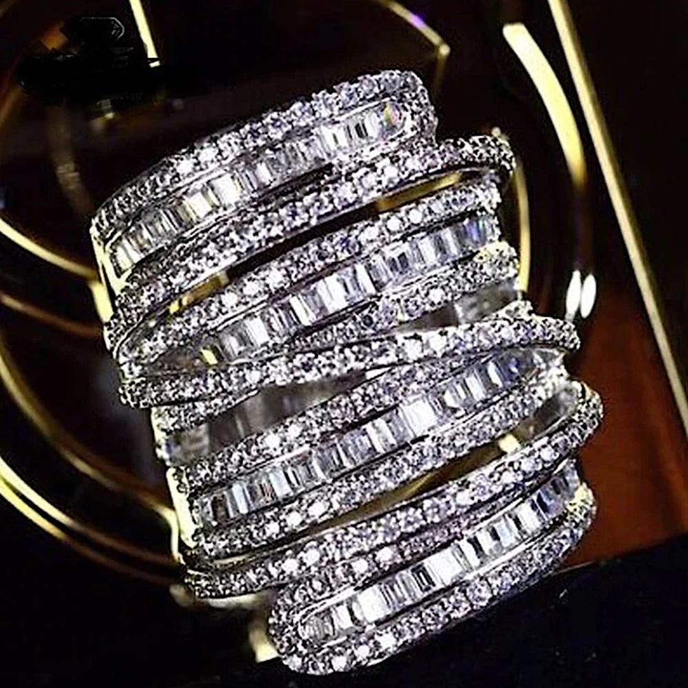 Sterling Silver Baguette Cubic Zircon Multilayer Cross Over Statement Ring - Picture 6 of 11